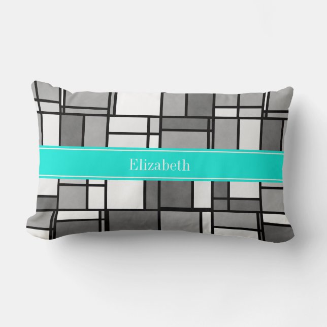 Gray White Mondrian Inspired Aqua Name Monogram Lumbar Pillow (Front)