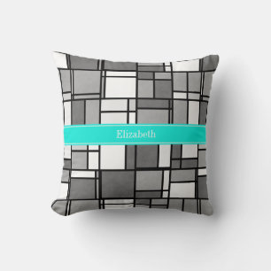 Gray White Mondrian Inspired Aqua Name Monogram Throw Pillow