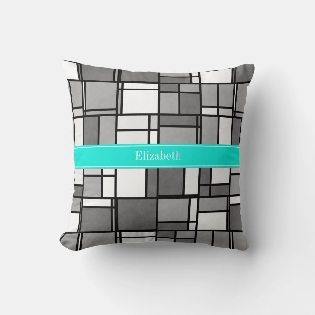 Gray White Mondrian Inspired Aqua Name Monogram Throw Pillow (Front)
