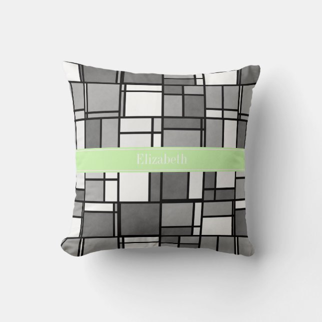 Gray White Mondrian Style Celery Ribbon Monogram Throw Pillow (Front)