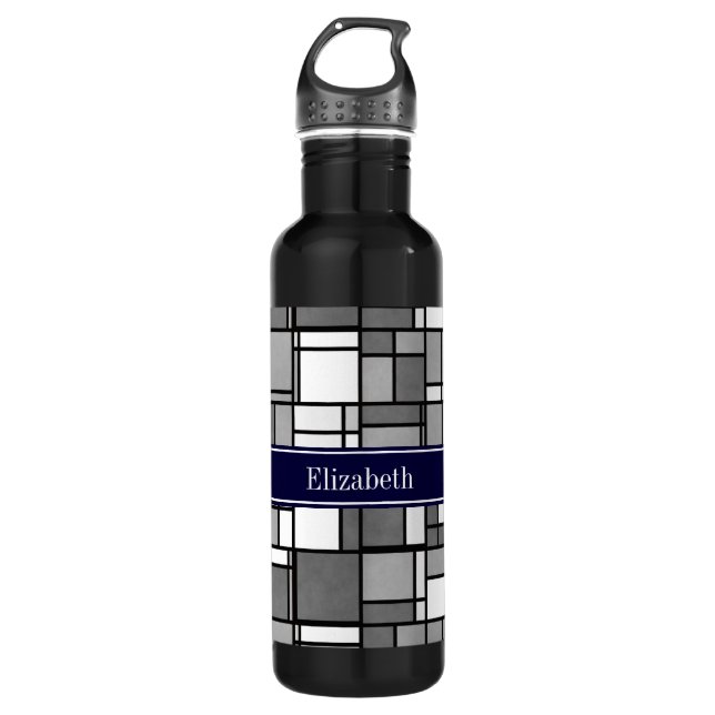 Gray White Mondrian Style Navy Ribbon Monogram Stainless Steel Water Bottle (Front)