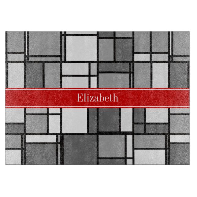 Gray White Mondrian Style Red Ribbon Monogram Cutting Board (Front)