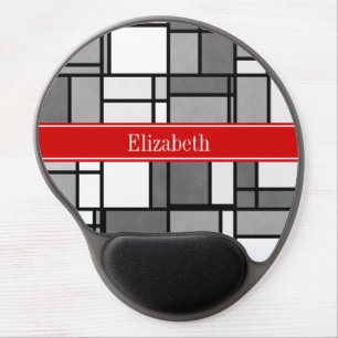 Gray White Mondrian Style Red Ribbon Monogram Gel Mouse Pad