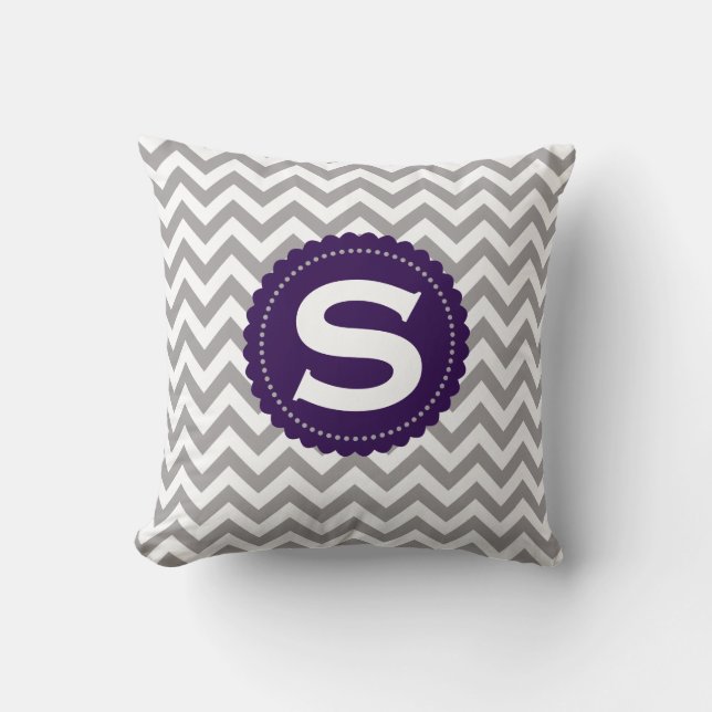 Gray White Monogram Chevron Pattern Throw Pillow (Front)