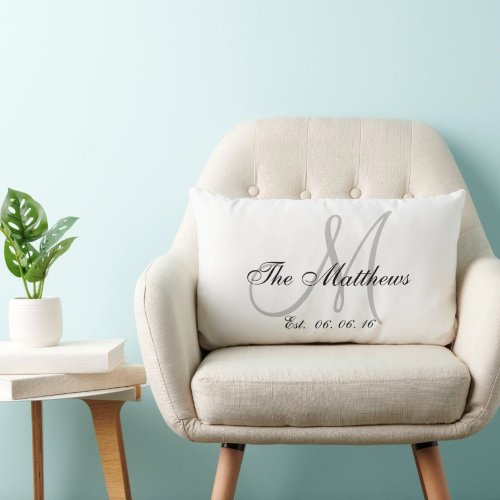 Gray White Monogram Family Newlywed Keepsake Lumbar Pillow