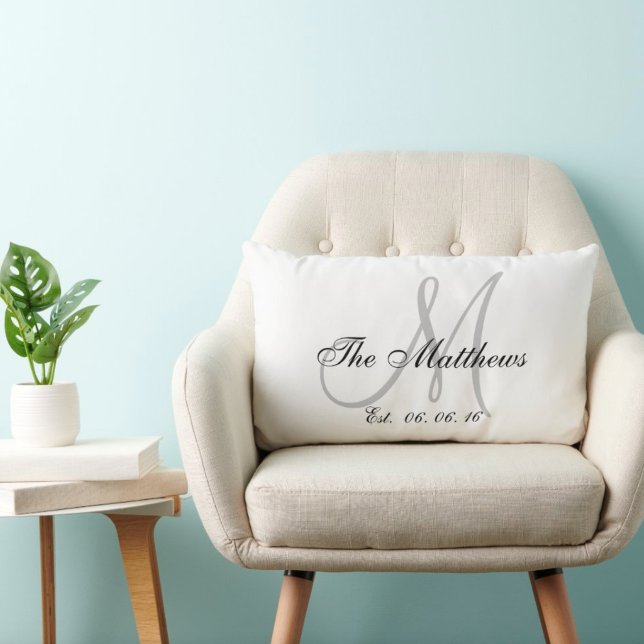 Gray White Monogram Family Newlywed Keepsake Lumbar Pillow (Creator Uploaded)