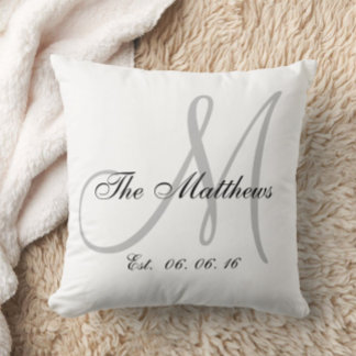 Gray White Monogram Family Newlywed Keepsake Throw Pillow