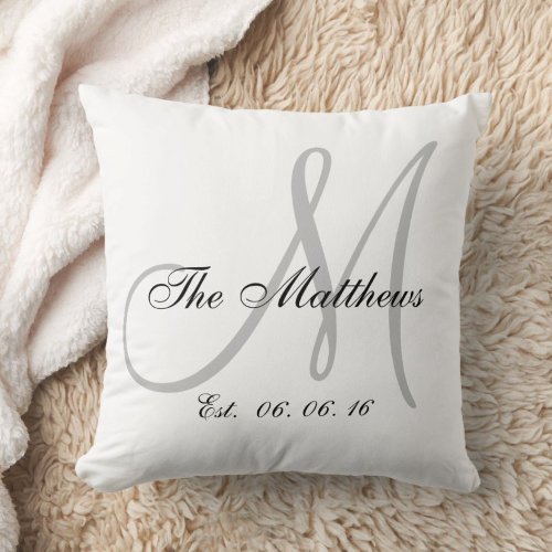 Gray White Monogram Family Newlywed Keepsake Throw Pillow