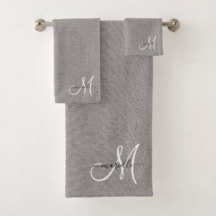 Gray White Monogram Faux Linen Gray Bath Towel Set