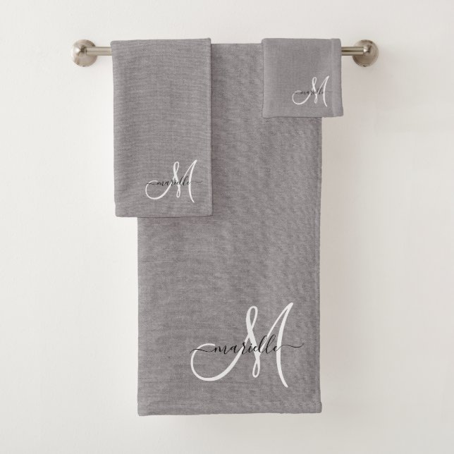 Gray White Monogram Faux Linen Gray Bath Towel Set (Insitu)