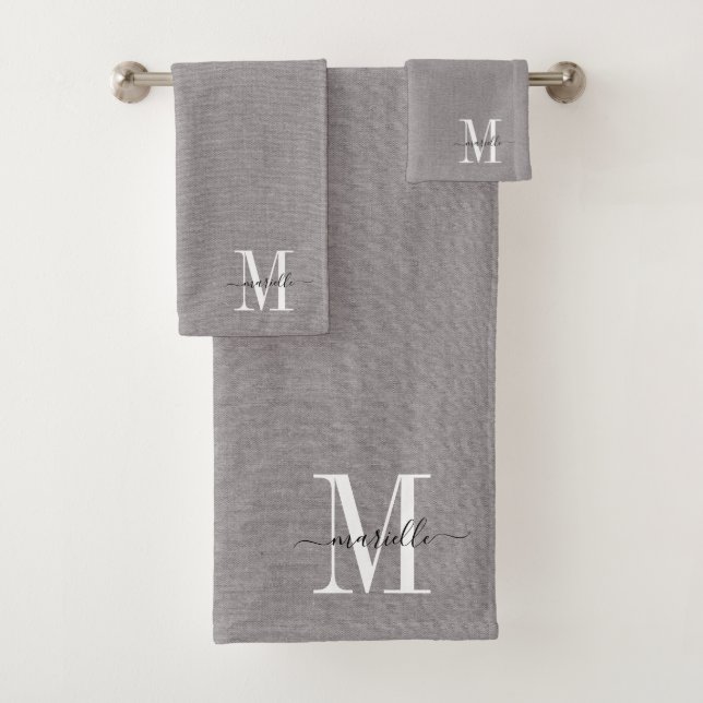 Gray White Monogram Faux Linen Gray Bath Towel Set (Insitu)