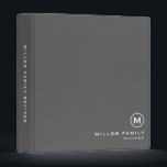Gray White Monogram Initial Family Recipe 3 Ring Binder<br><div class="desc">Modern recipe binder features a minimal design in a gray and white color palette. Custom family name presented in the lower right-hand corner in stylish simple font with a complimentary minimal monogram medallion. Shown with a custom name and monogram initial on the front in modern typography, this personalized family recipe...</div>