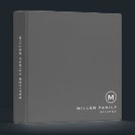 Gray White Monogram Initial Family Recipe 3 Ring Binder<br><div class="desc">Modern recipe binder features a minimal design in a gray and white color palette. Custom family name presented in the lower right-hand corner in stylish simple font with a complimentary minimal monogram medallion. Shown with a custom name and monogram initial on the front in modern typography, this personalized family recipe...</div>