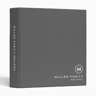 Gray White Monogram Initial Family Recipe 3 Ring Binder
