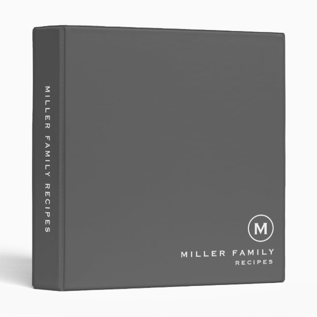 Gray White Monogram Initial Family Recipe 3 Ring Binder (Front/Spine)