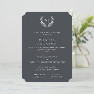 Gray + White Monogram Laurel Wreath Graduation Invitation