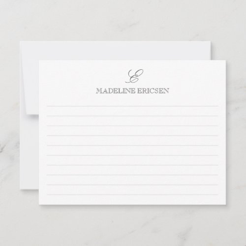 Gray  White Monogram Lined Note Card
