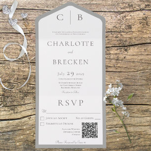 Gray & White Monogram Minimal QR Code All In One Invitation