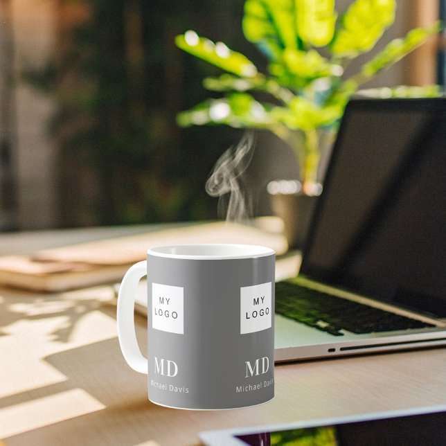 Gray white monogram name business logo coffee mug (Creator Uploaded)