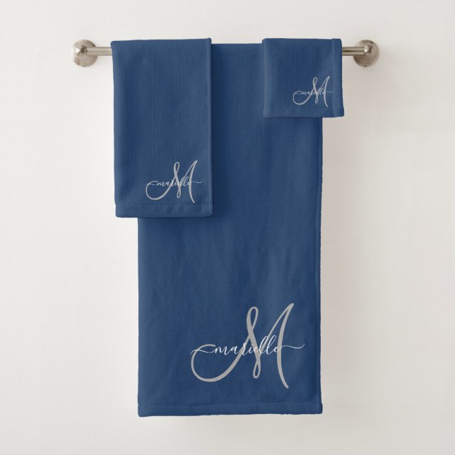 Gray White Monogram Navy Blue Bath Towel Set (Insitu)