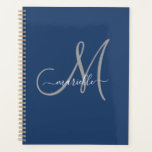Gray White Monogram Navy Blue Planner<br><div class="desc">Personalized gray and white monogrammed planner with a script font on a navy blue background. Simple elegance.</div>