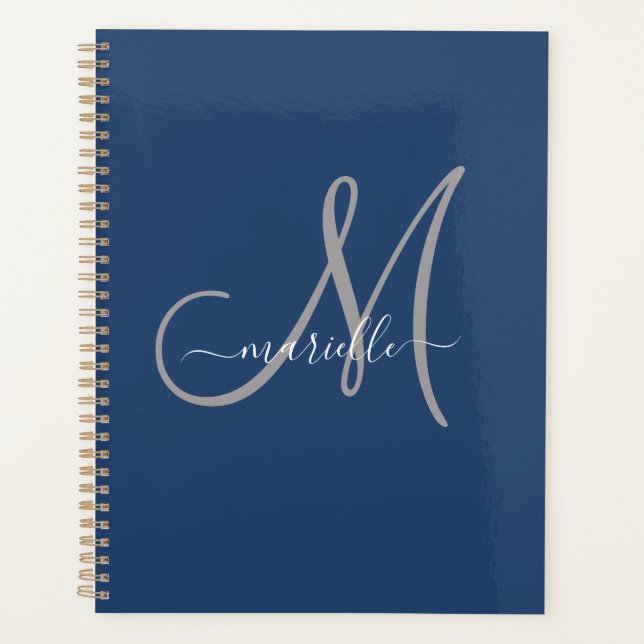 Gray White Monogram Navy Blue Planner (Front)