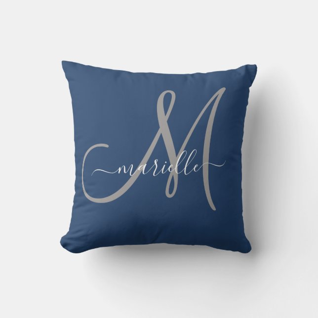 Gray White Monogram Navy Blue Throw Pillow (Front)