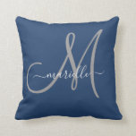 Gray White Monogram Navy Blue Throw Pillow<br><div class="desc">Personalized gray and white monogrammed pillow with a script font on a navy blue background. Simple elegance.</div>