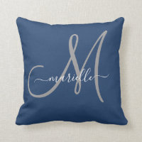 Gray White Monogram Navy Blue Throw Pillow