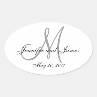Gray White Monogram Oval Wedding Label
