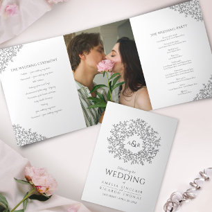 Gray white monogram photo wedding Tri-Fold program