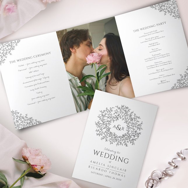 Gray white monogram photo wedding Tri-Fold program (Creator Uploaded)
