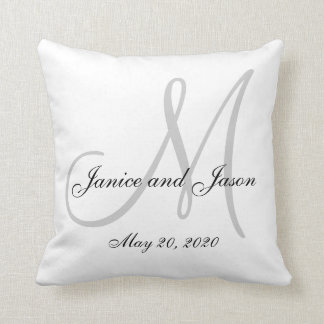 Gray White Monogram Wedding Throw Pillow