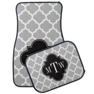 Gray White Moroccan #5 Black 3 Initial Monogram Car Mat