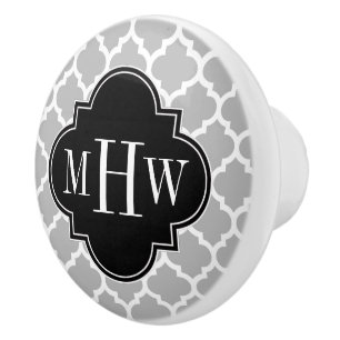 Gray White Moroccan #5 Black 3 Initial Monogram Ceramic Knob
