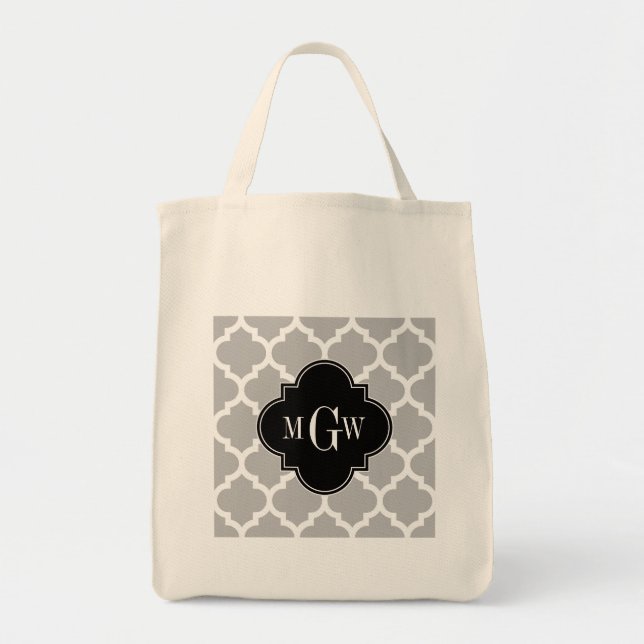 Gray White Moroccan #5 Black 3 Initial Monogram Tote Bag (Front)