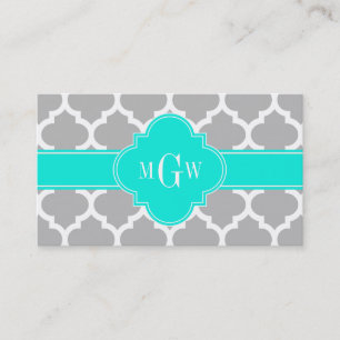 Gray White Moroccan #5 Brt Aqua 3 Initial Monogram Business Card