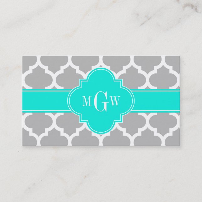 Gray White Moroccan #5 Brt Aqua 3 Initial Monogram Business Card (Front)