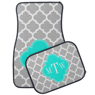 Gray White Moroccan #5 Brt Aqua 3 Initial Monogram Car Floor Mat