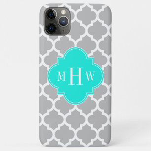 Gray White Moroccan #5 Brt Aqua 3 Initial Monogram iPhone 11 Pro Max Case