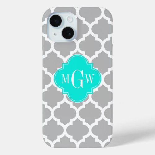 Gray White Moroccan 5 Brt Aqua 3 Initial Monogram iPhone 15 Case