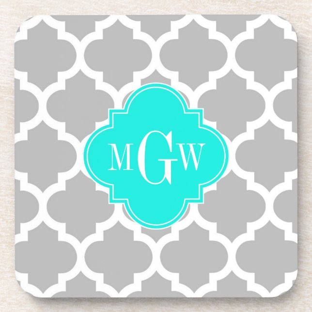 Gray White Moroccan #5 Brt Aqua 3 Initial Monogram Drink Coaster (Front)