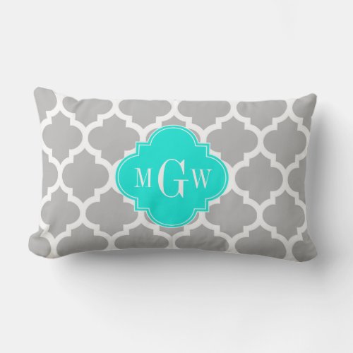 Gray White Moroccan 5 Brt Aqua 3 Initial Monogram Lumbar Pillow