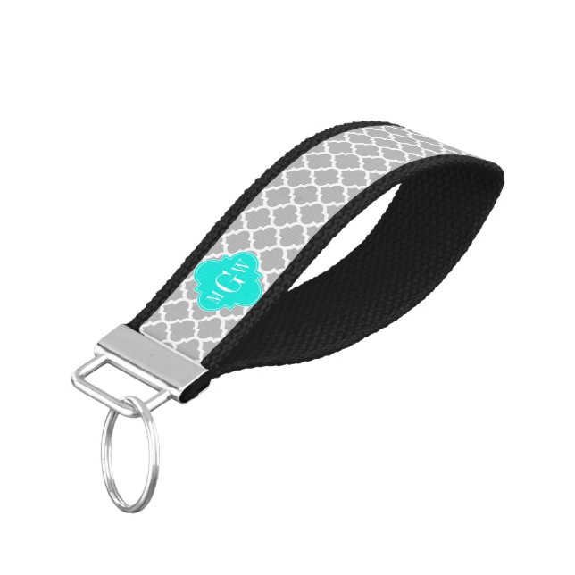 Gray White Moroccan #5 Brt Aqua 3 Initial Monogram Wrist Keychain (Angled Down)