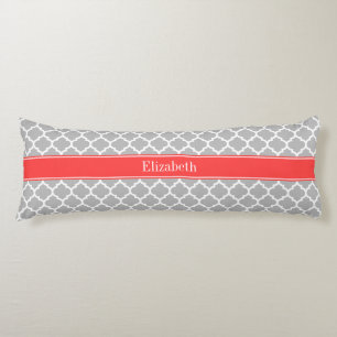 Gray White Moroccan #5 Coral Red Name Monogram Body Pillow