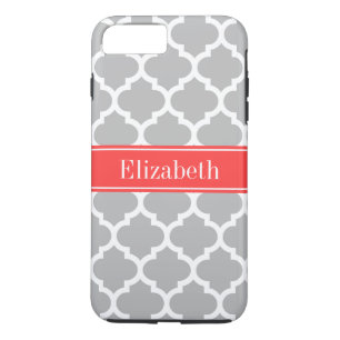 Gray White Moroccan #5 Coral Red Name Monogram iPhone 8 Plus/7 Plus Case