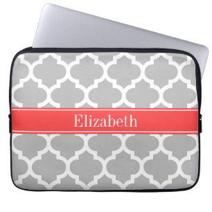 Gray White Moroccan #5 Coral Red Name Monogram Laptop Sleeve