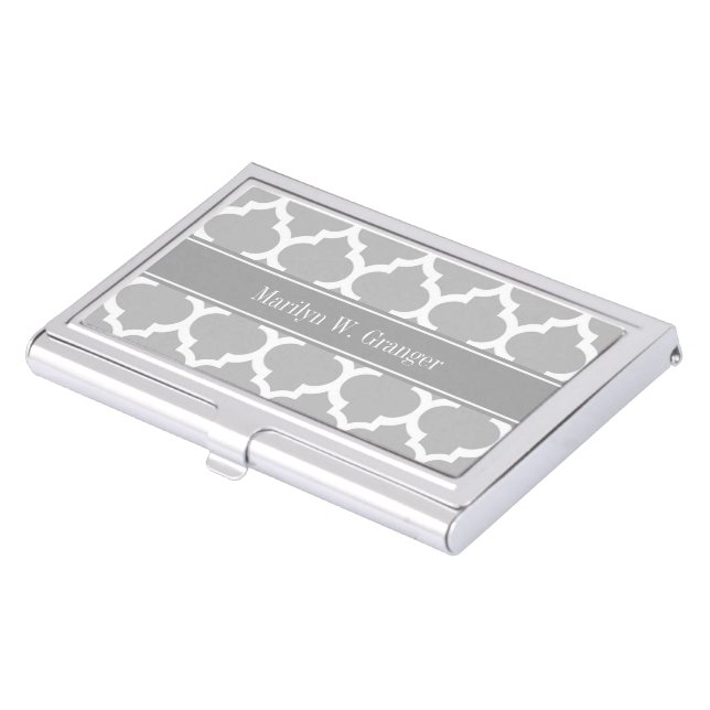 Gray White Moroccan #5 Dark Gray Name Monogram Business Card Holder (Front)