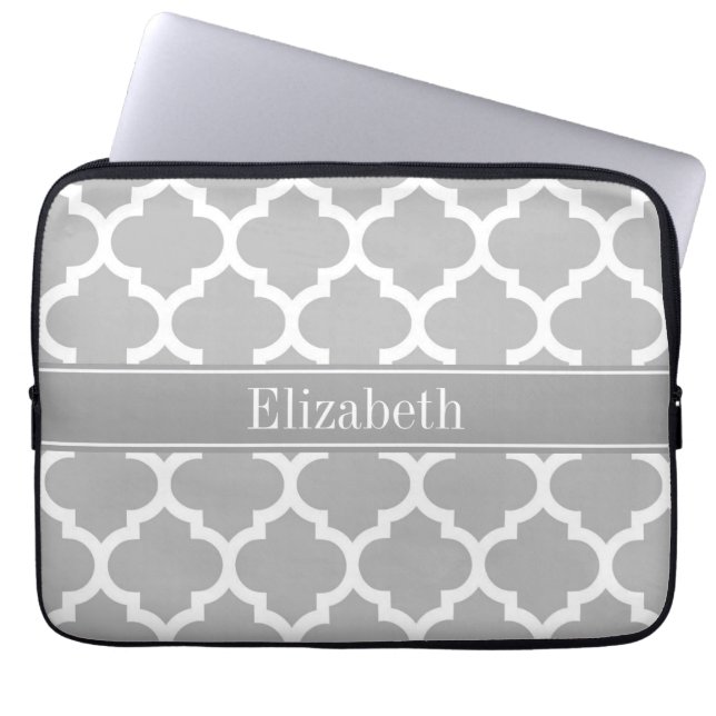 Gray White Moroccan #5 Dark Gray Name Monogram Laptop Sleeve (Front)