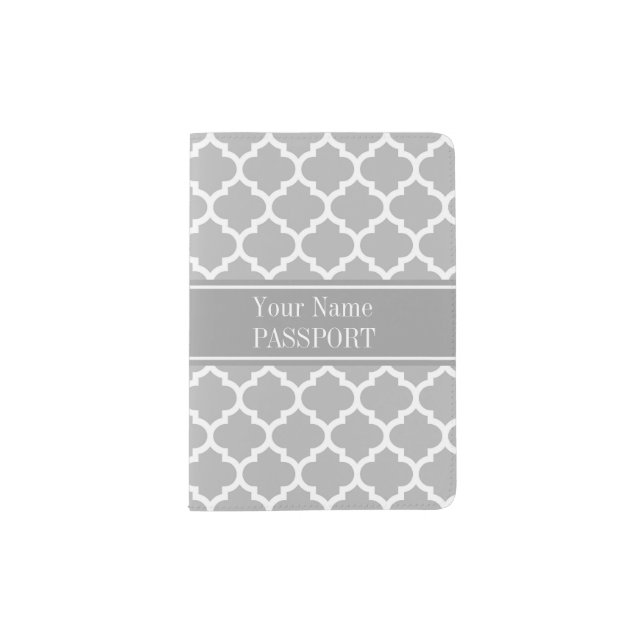Gray White Moroccan #5 Dark Gray Name Monogram Passport Holder (Front)